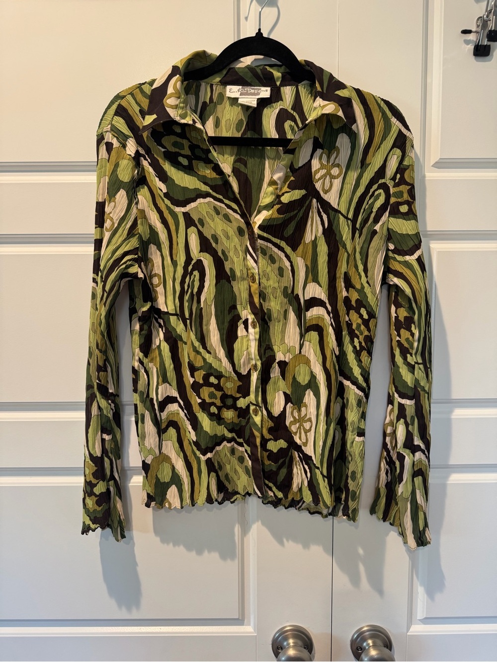 Vintage EK Designs Abstract Design Crinkle Fabric Blouse Green/Brown Size Large